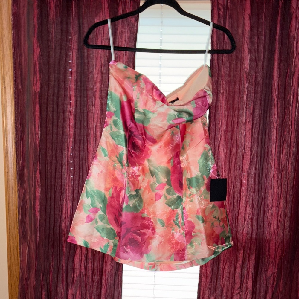 Lulu's Pink and Green Floral Satin Mini Dress